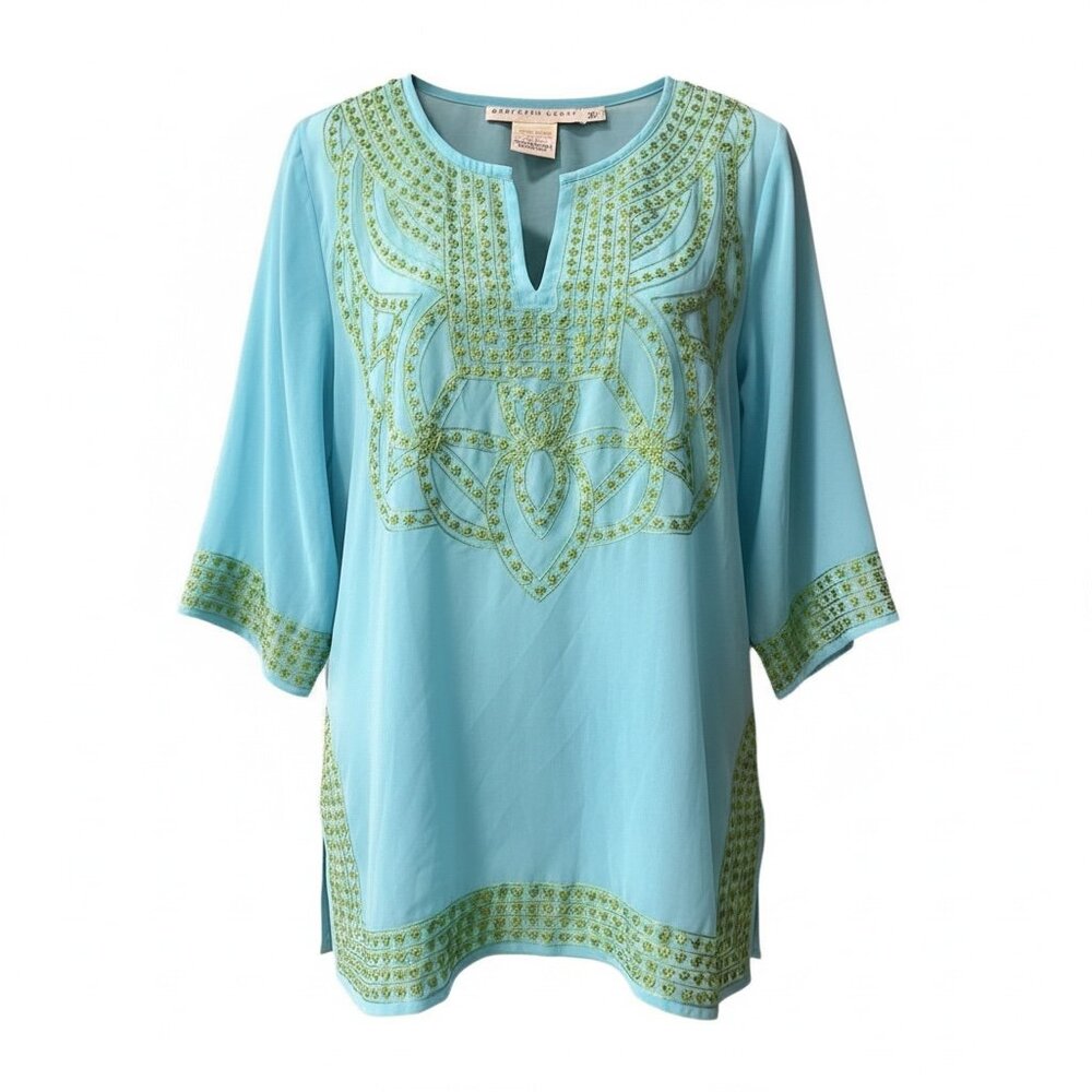 Gretchen Scott Blue Green Embroidered Semi Sheer Tunic Top Women’s Size M